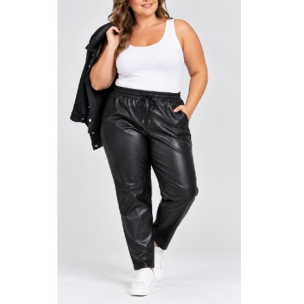Simply Be Womens Black Faux Leather Drawstring Jogger Pants Plus Size 22